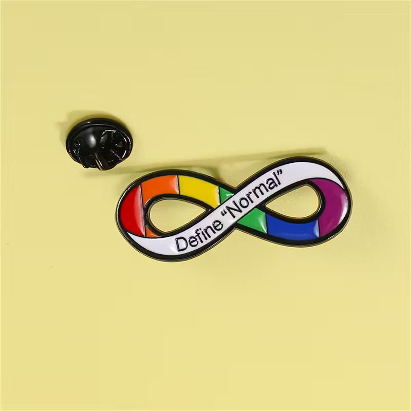 Thumbnail: Infinity symbol enamel pin, Define "Normal" in rainbow colors, neurodiverse pride.