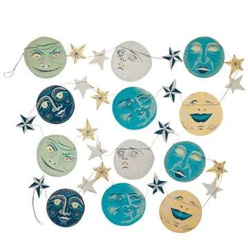 Thumbnail: East End Press man in the moon paper garland, showing all parts of the garland; many men in blue moon shapes.