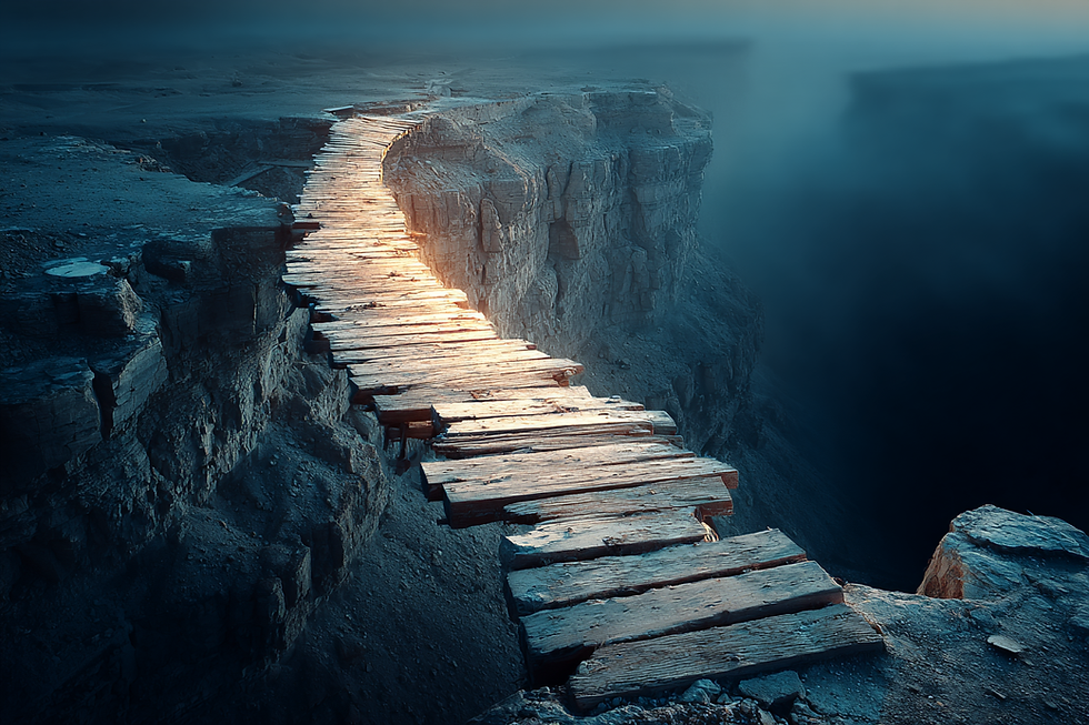 A weathered timber bridge spanning a deep canyon at dawn