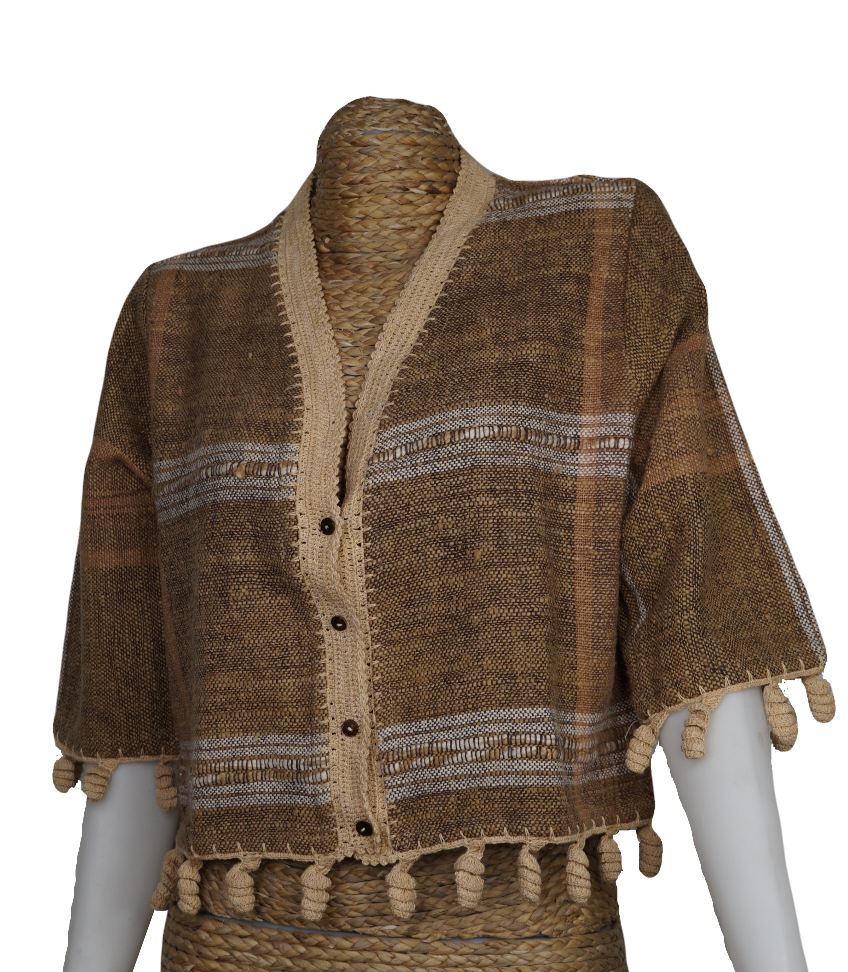 เสื้อคลุมผ้าฝ้ายทอมือ แต่งริมด้วยโครเชต์ อก 40 นิ้ว