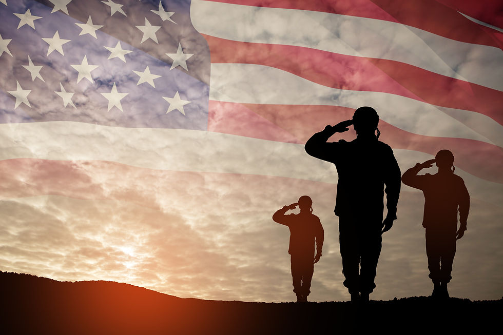 Silhouettes of soldiers saluting on background of sunset or sunrise and USA flag. Greeting