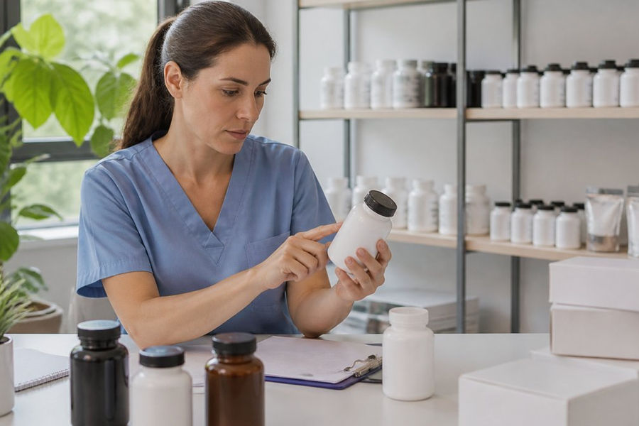 Professional demonstrating how to source professional grade supplements for clinics technique in modern clinical setting with natural lighting