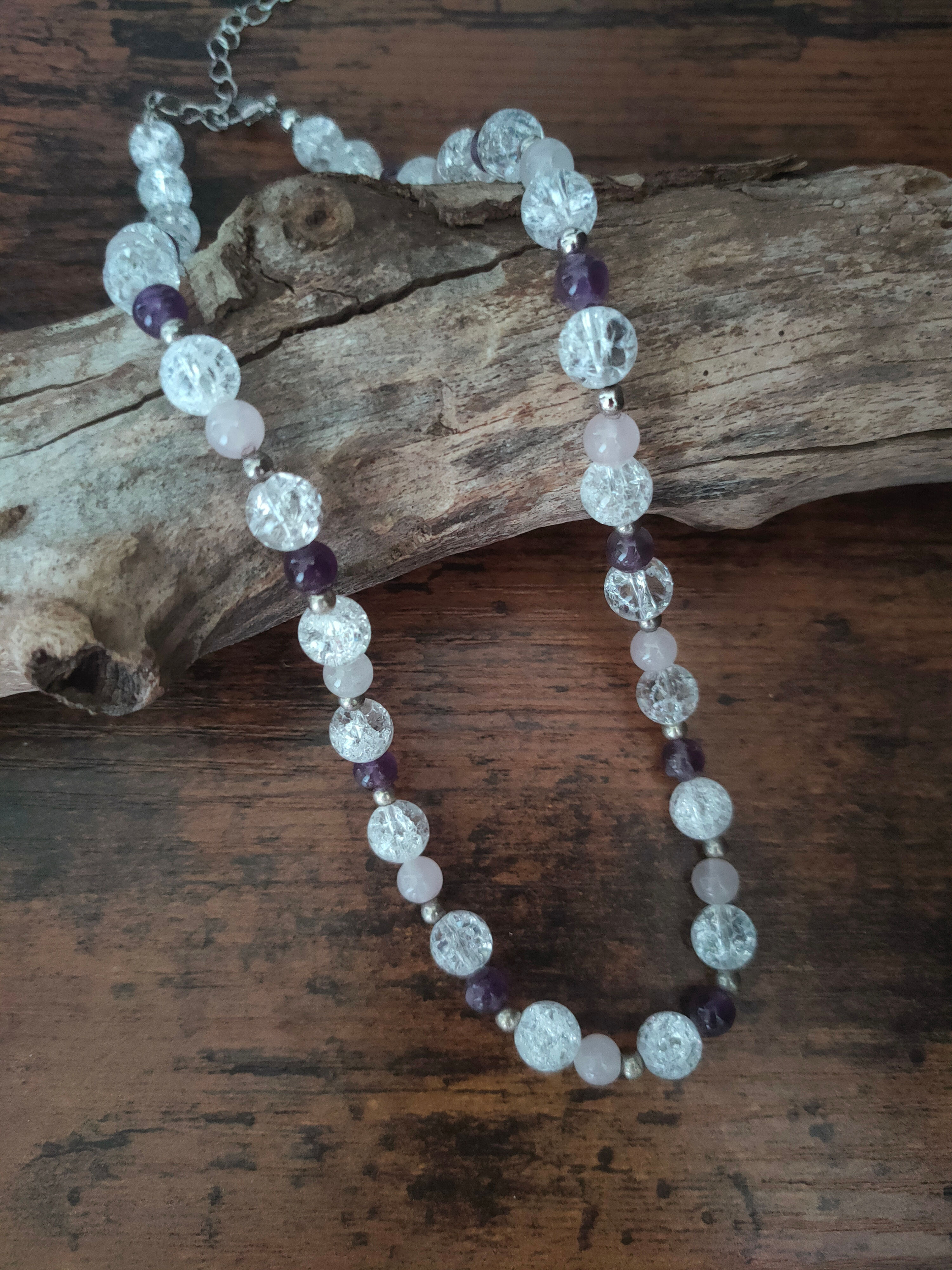 Collier Harmonie Céleste / Cristal de roche craquelé, Quartz rose, Améthyste