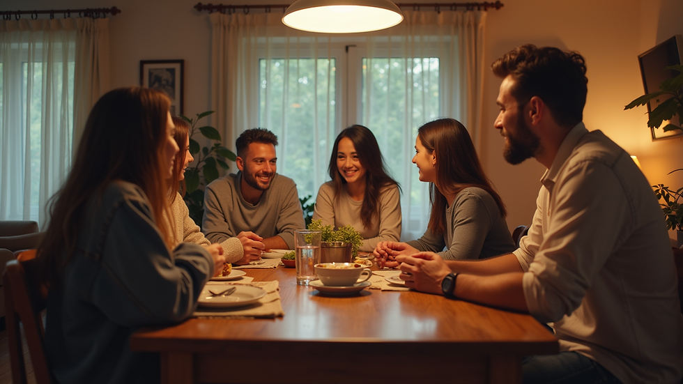 Eye-level view of a cozy living room with a family gathered around a table