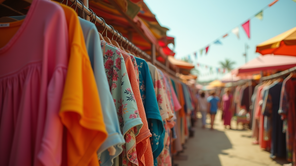 Eye-level view of colorful festival apparel displayed on a rack