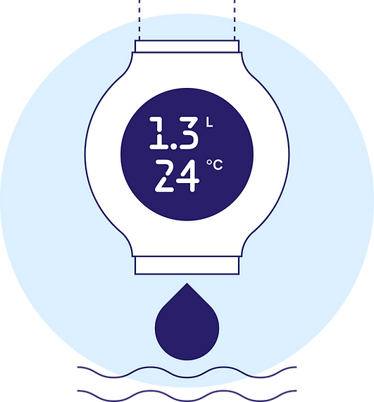 Illustration av EcoDrop Basic, som tydligt visar dess design och funktioner för att mäta och visa vattenförbrukning och temperatur, bidragande till hållbar vattenanvändning.
