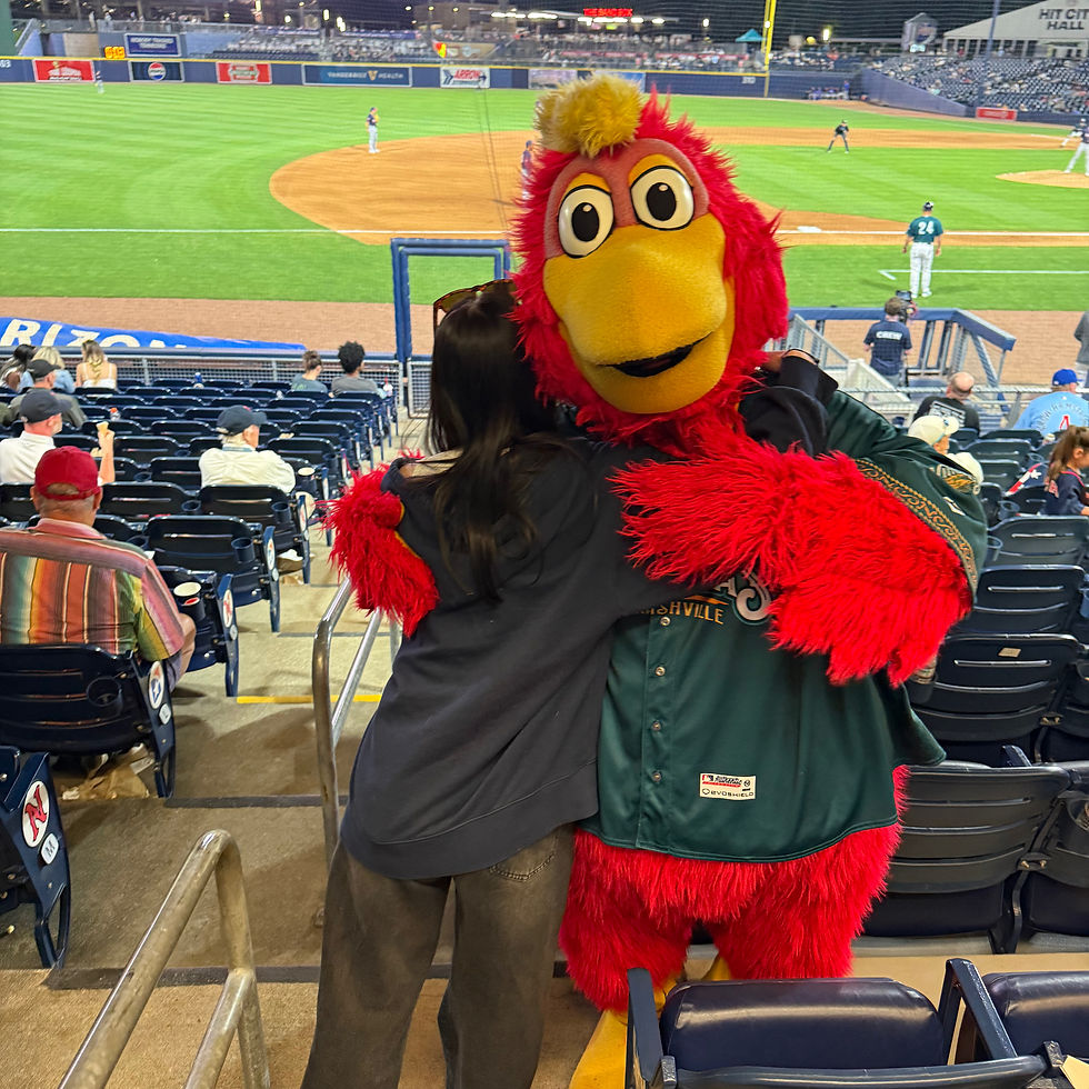 Red bird mascot hugs a person in a baseball stadium, with the field and scattered fans in the background, cheerful and playful.