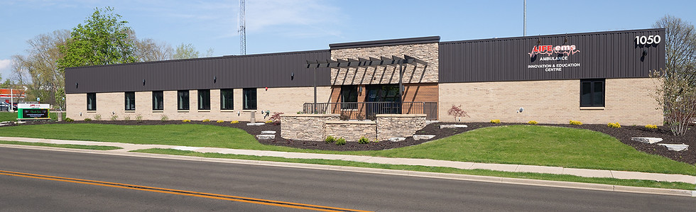 Life EMS ambulance station and training facility exterior, showcasing modern medical and first response construction design