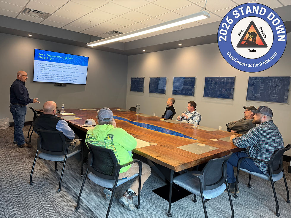 Fritz Wahlfield Construction team members gathered around a conference table during a 2026 Safety Stand Down lunch meeting focused on jobsite safety, workplace awareness, and construction safety training.