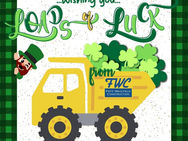 St Patrick’s Day graphic with shamrocks and construction dump truck wishing lots of luck from Fritz Wahlfield Construction