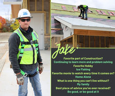 Construction team member Jake on job site with fun facts highlighting his work anniversary and personal interests