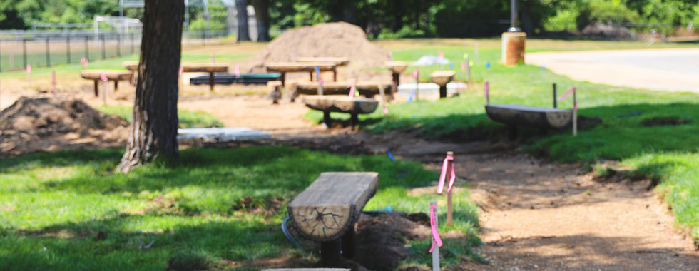 Outdoor learning area with log seating and trees for shade at school campus