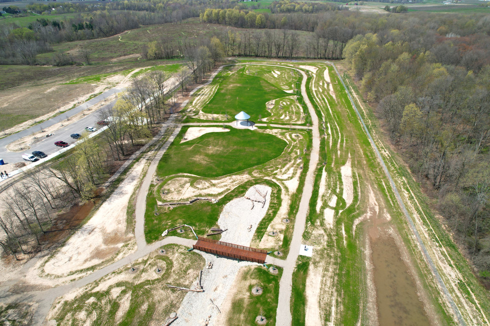 Aerial view of 10-acre dog park field and walking trails under construction at Wahlfield Park in West Michigan