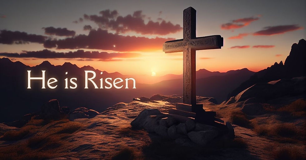 Easter sunrise cross on mountain with “He is Risen” message, representing the resurrection of Jesus and Christian faith