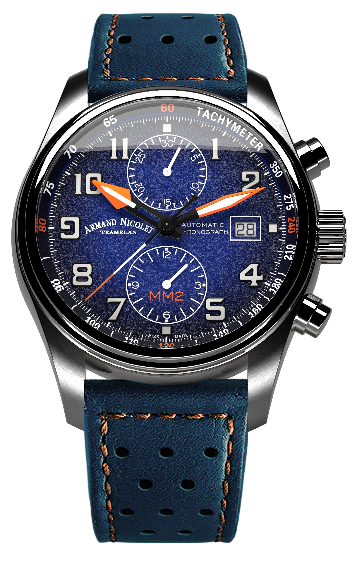 mechanical automatic blue & orange watch with blue leather strap