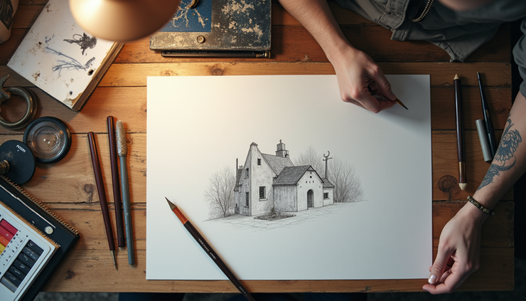 Vista aérea de uma mesa de artista com materiais variados de desenho e um esboço em andamento