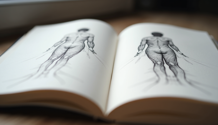 Vista frontal de um caderno de desenho aberto com esboços iniciais de figuras humanas