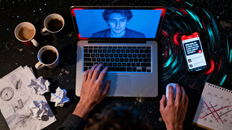 Overhead view of exhausted creator at 3 AM desk surrounded by empty coffee cups and motivational content on phone screen, hands frozen above keyboard, shot in Deep Space Black with harsh blue laptop glow and film grain.
