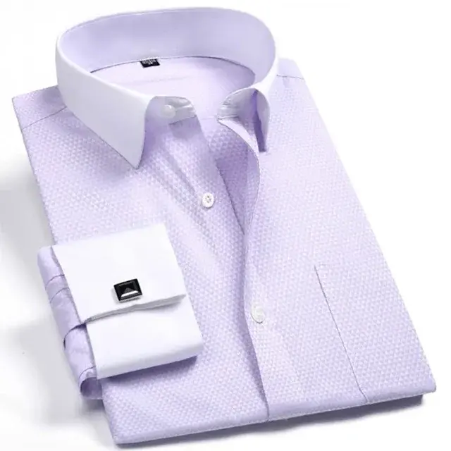 Thumbnail: Camisas sociais masculinas com colarinho, punho francês e bolso único contrastan