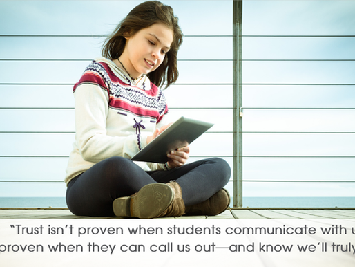 Girl in a sweater using a tablet on a pier. Blue sky, ocean background. Text: “Trust isn’t proven when students communicate with us. It’s proven when they can call us out—and know we’ll truly listen.”