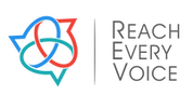Reach Every Voice logo. Interlocking speech bubbles on the left side. Reach Every Voice text on the right.