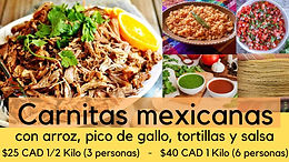 1/2 Kilo (para 3 personas) de Carnitas Mexicanas, arroz, pico de gallo, tortillas y salsa