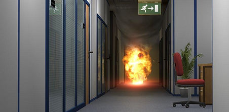 Office fire emergency evacuation, follow fire exit sign