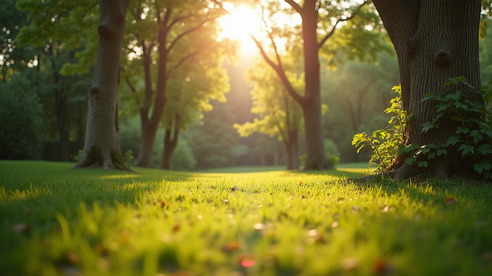 Eye-level view of a peaceful garden with sunlight filtering through trees