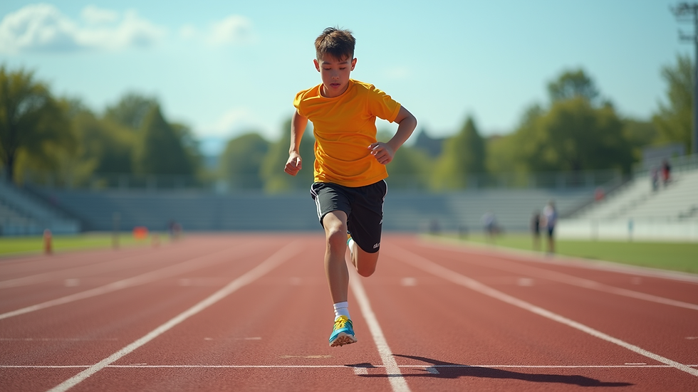 Eye-level view of a young athlete practicing on a track