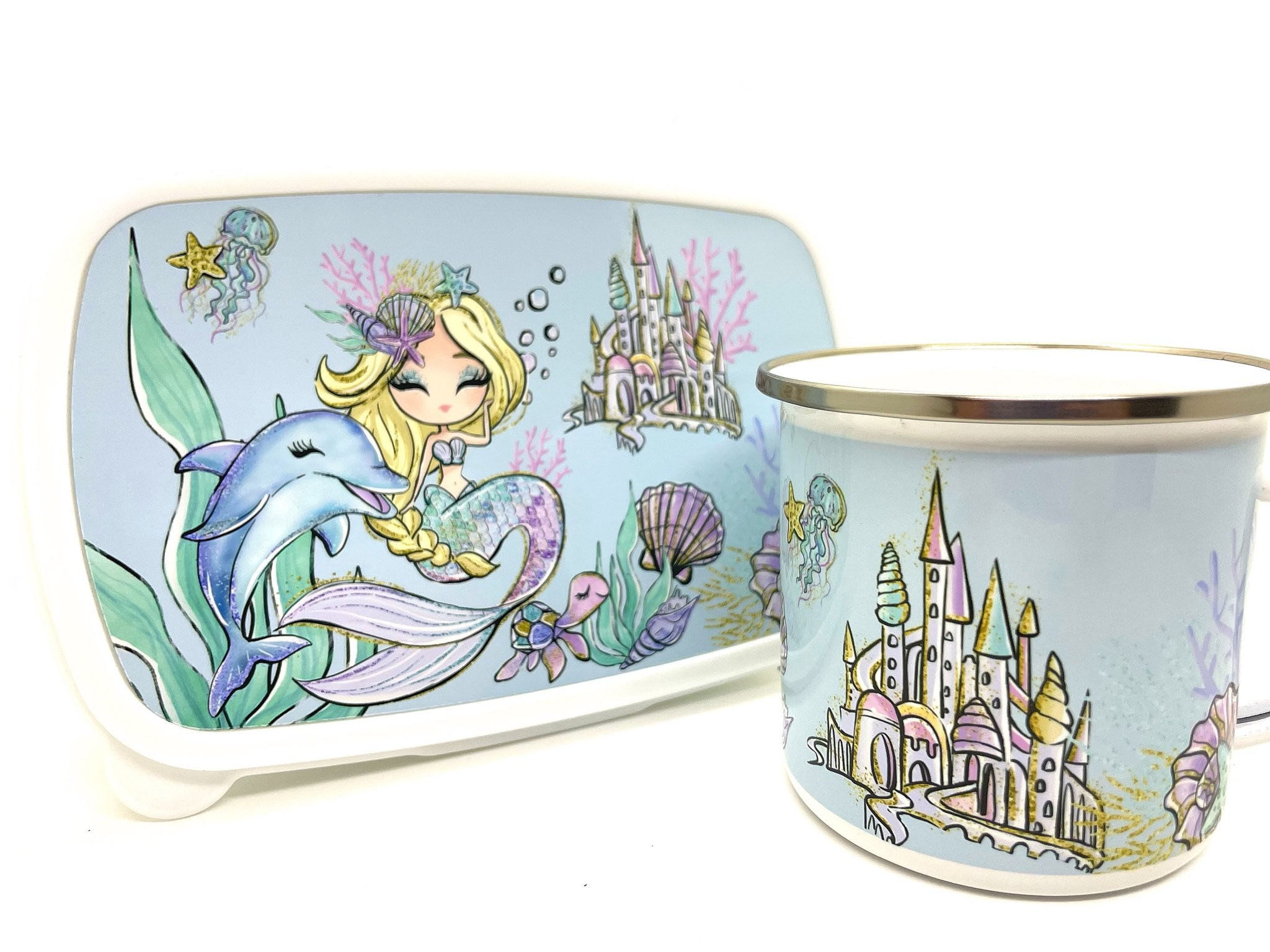 ღ Frühstücksset "Meerjungfrau" / Brotdose & Emailletasse - Kindergarten ღ