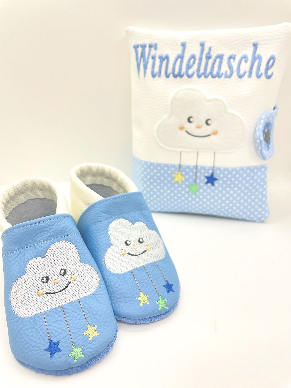 ღ Geschenkset Windeltasche & Lederpuschen Wolke Sternregen (ab Gr. 18/19) ღ