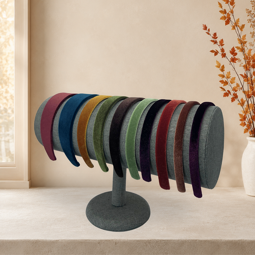 10 preppy headbands by Bella Headbands displayed in an array of rich velvet in autumn colors