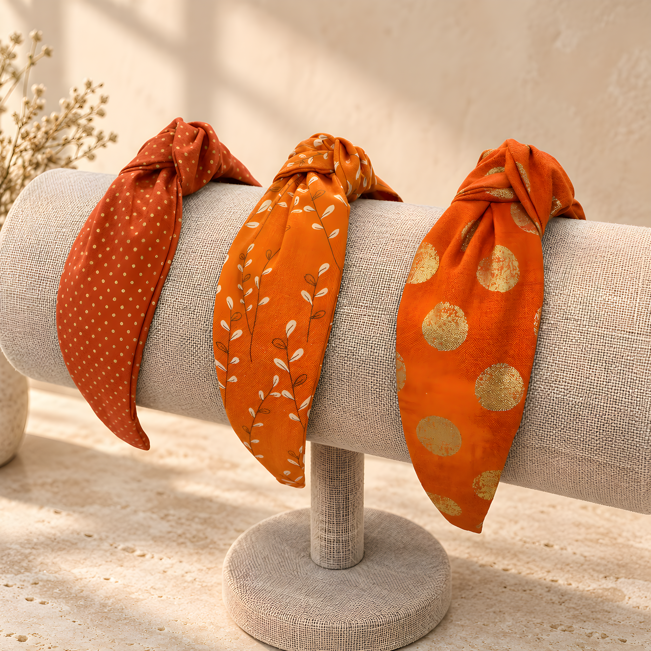 Pumpkin Orange and Gold Top Knot Headbands for fall and autumn handmade by Bella Headbands in Vermont.