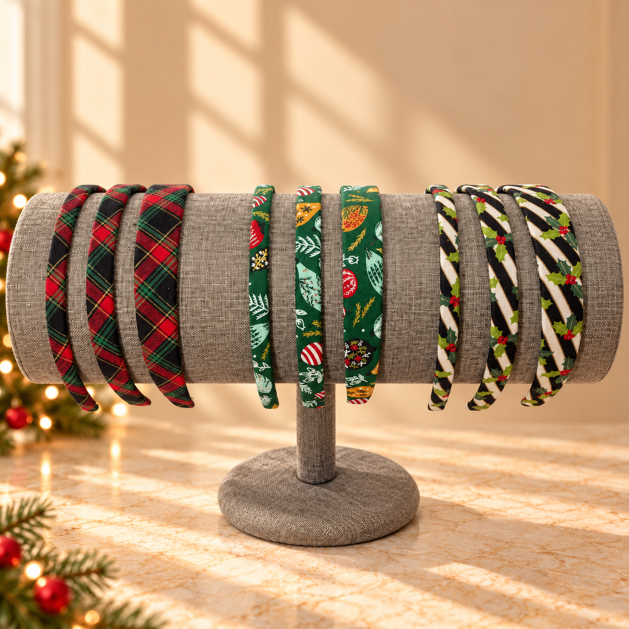 Christmas headbands in plaid, holly print and ornaments design.