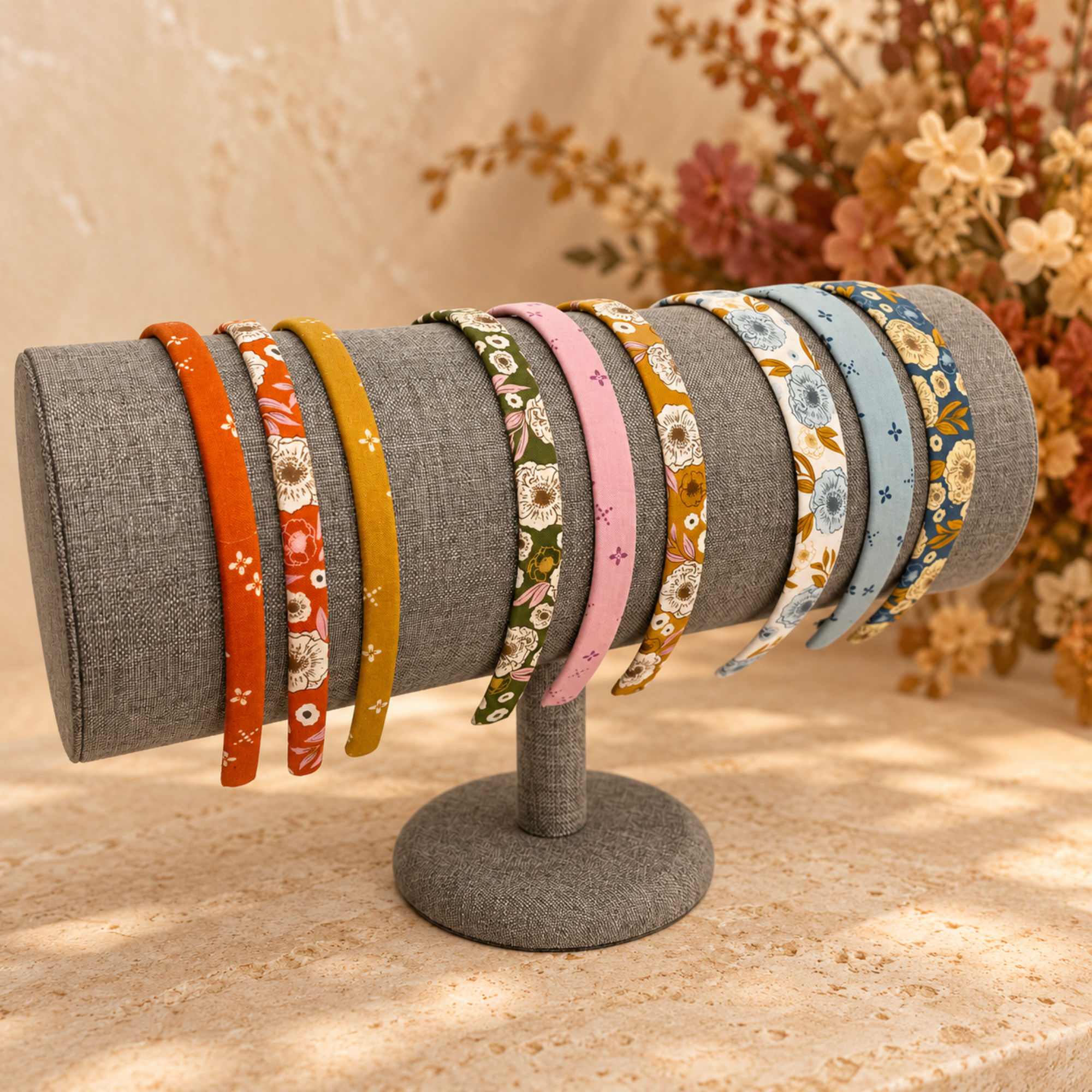 Handmade autumn floral headbands for women and girls in 9 fall fabrics by Bella Headbands.