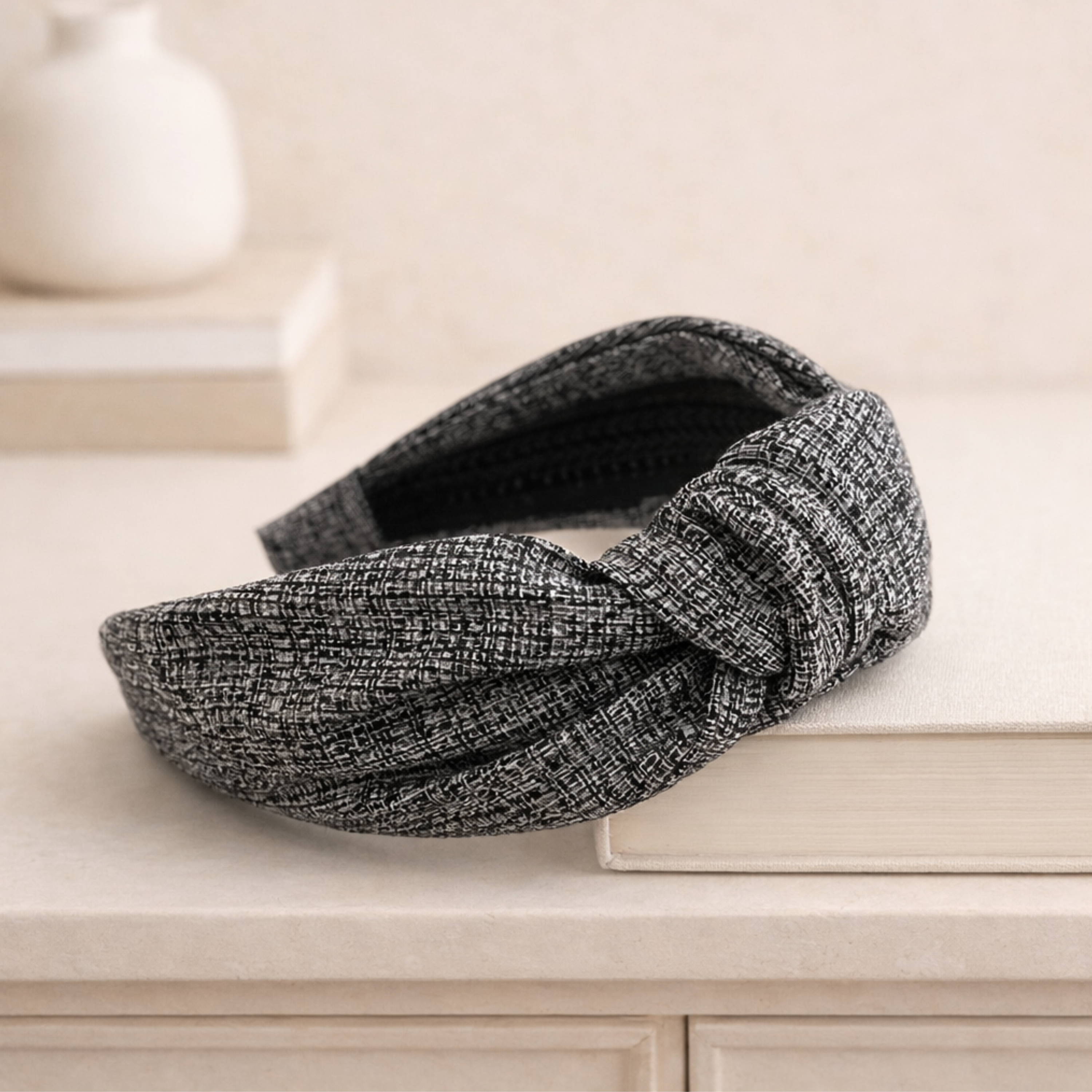 Black and White Top Knot Headband for Women with Linen Texture by Bella Headbands