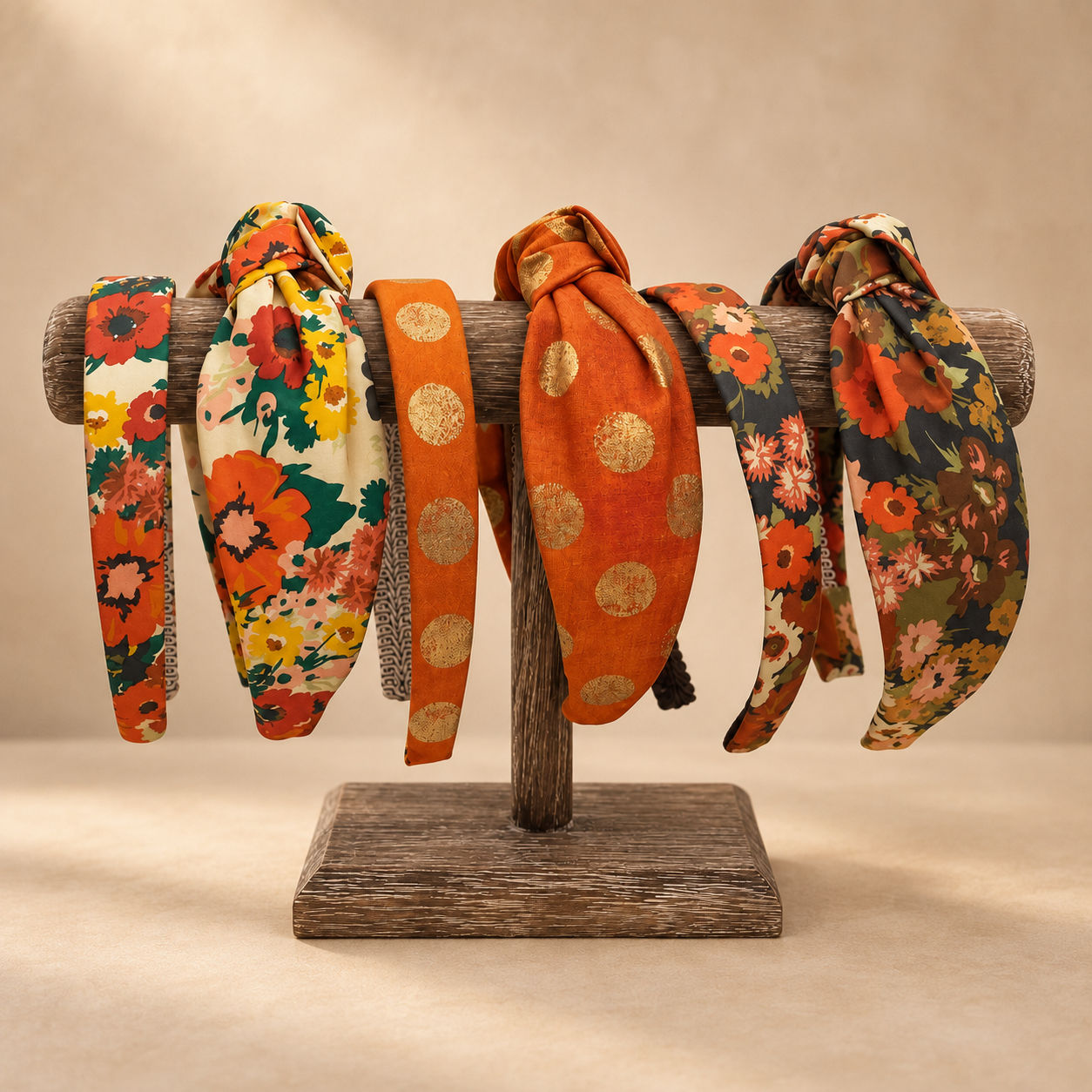 Fall Floral Headband in dark chocolate, pumpkin orange and ivory - handmade by Bella Headbands in one inch or top knot.