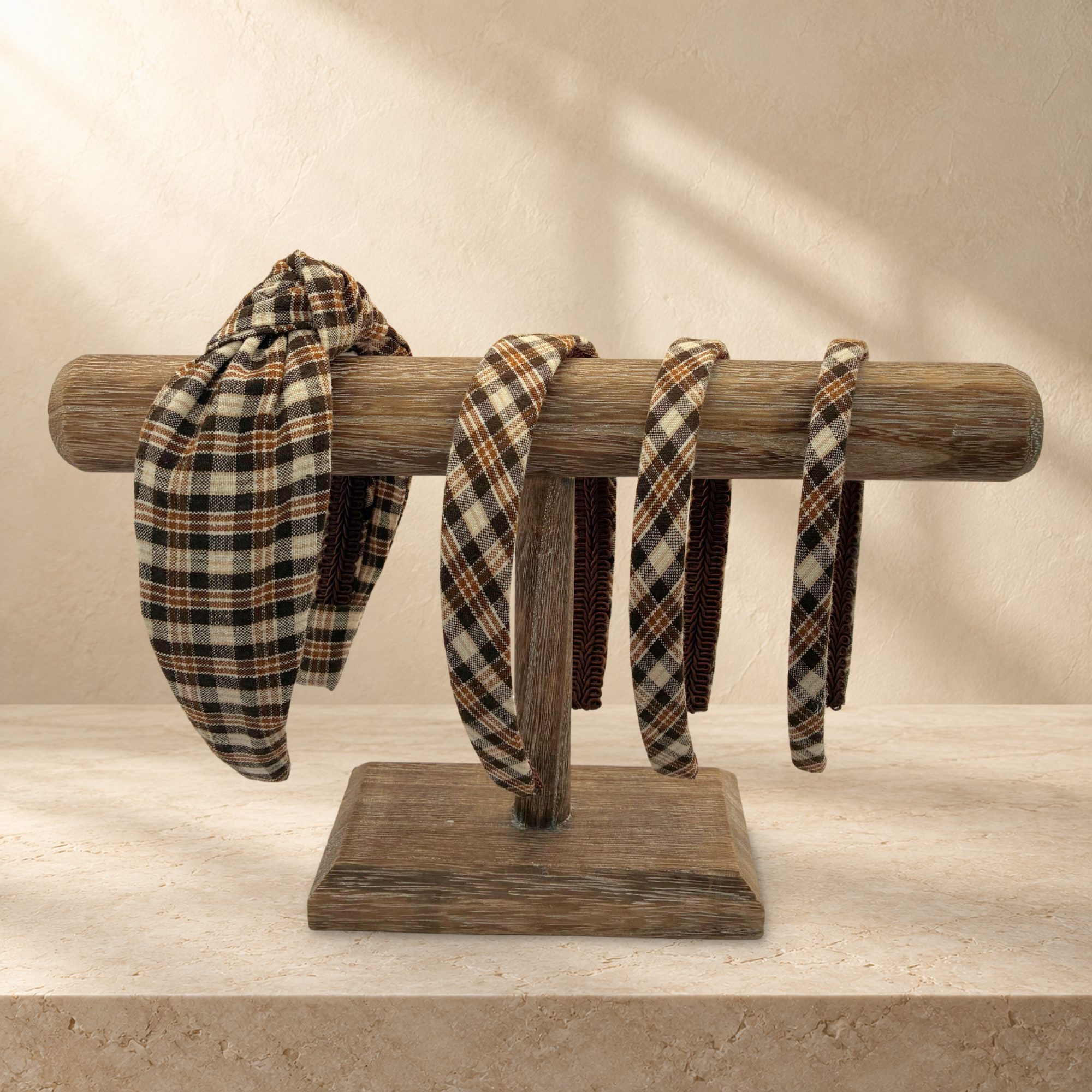 Chocolate Brown and Mocha Plaid headbands and top knots by Bella Headbands for women and girls.