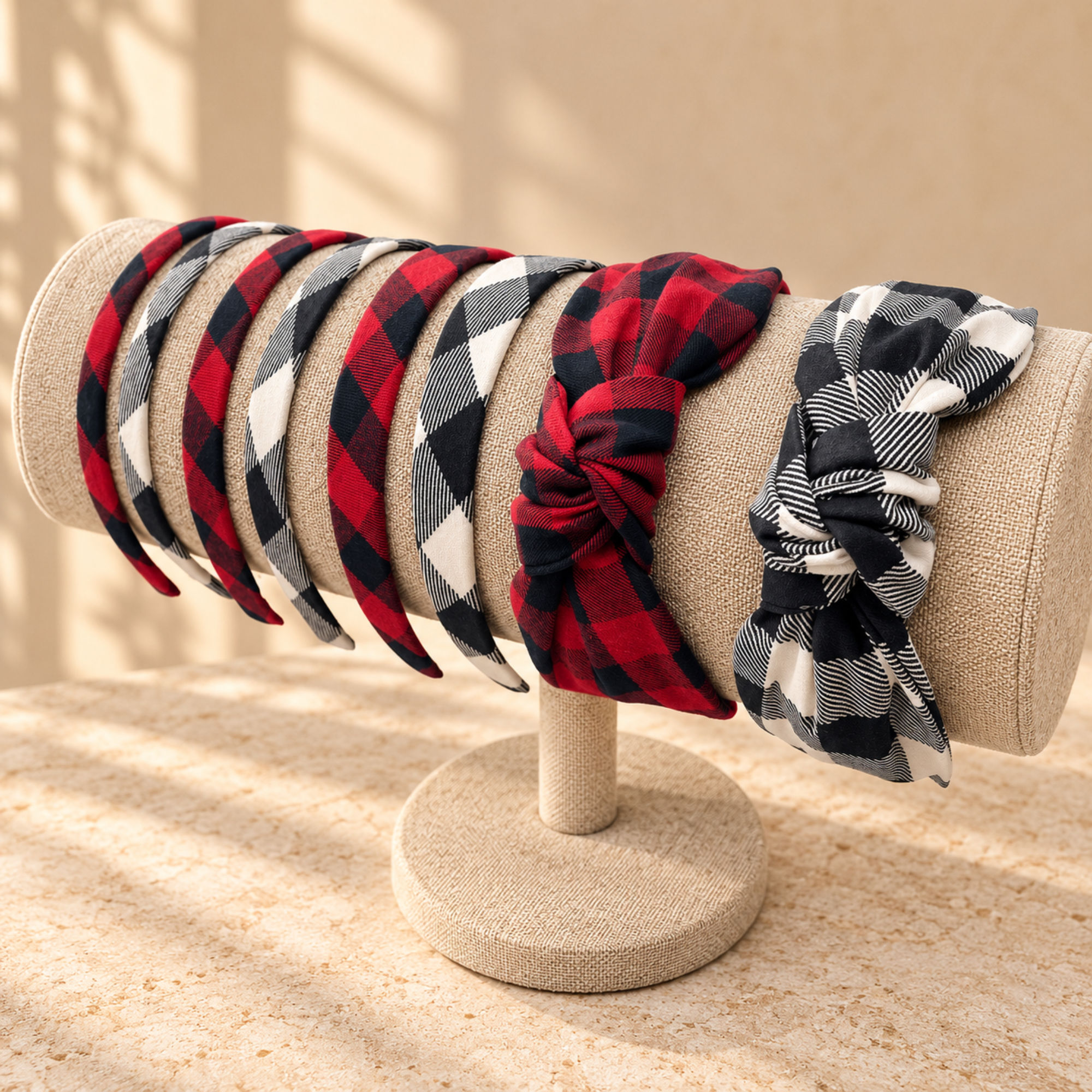 Buffalo plaid headbands in red and black in classic hard headbands and top knot varieties on a beige headband stand.