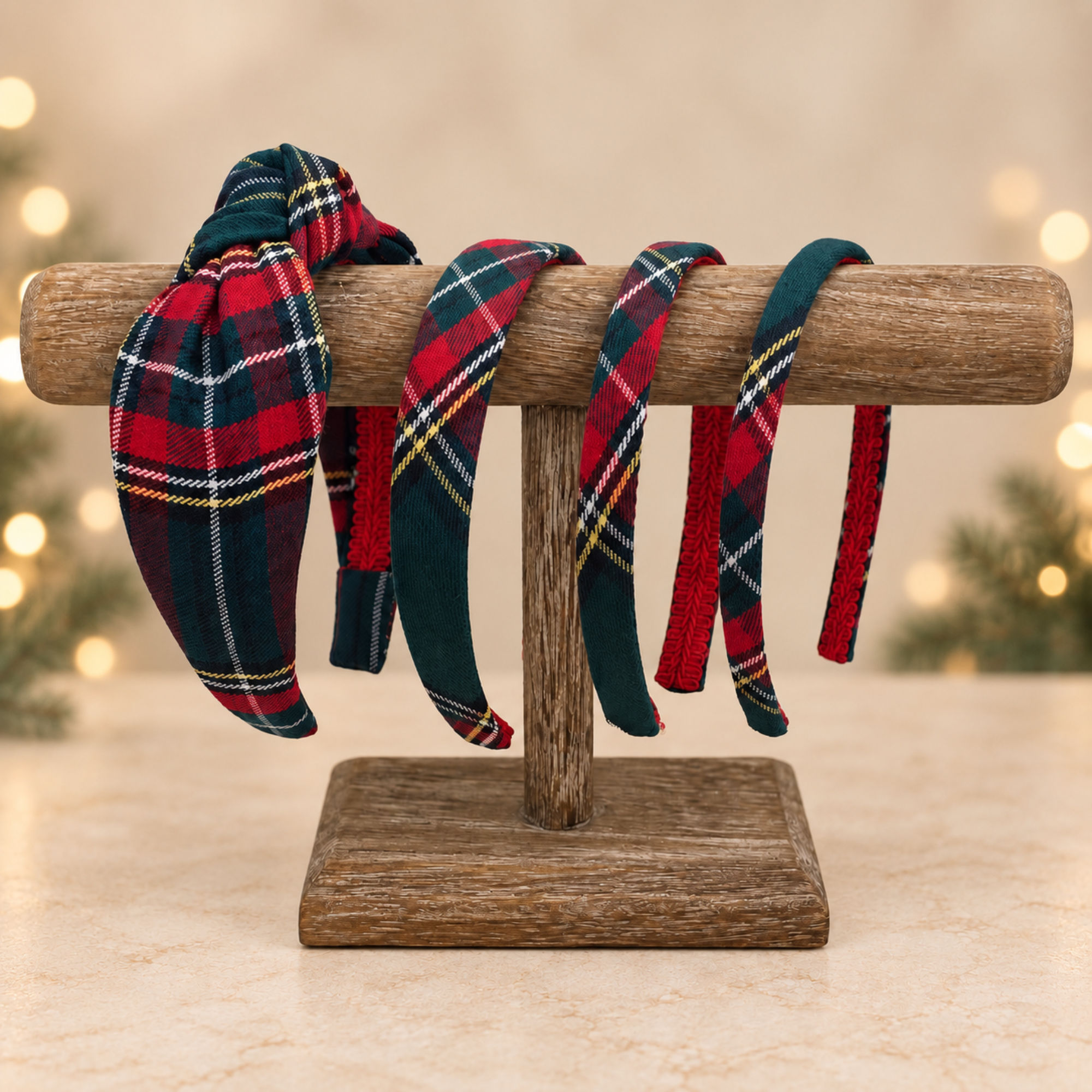 Hunter green and red Christmas plaid headbands for women and girls.