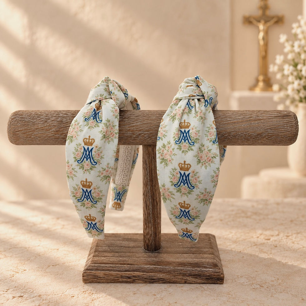 Catholic Maria Auspice top knot headbands with pink roses, blue Marian monogram and gold crowns handmade by Bella Headbands