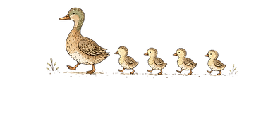 Mother duck leading ducklings in a line illustration
