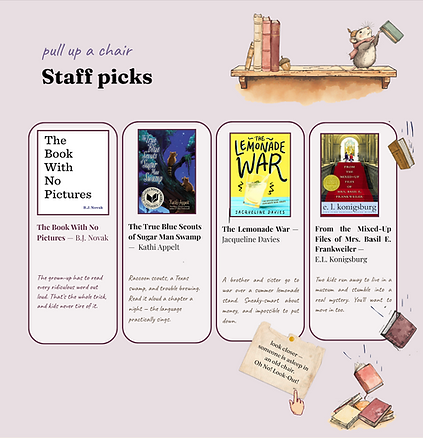 Staff picks section featuring curated book recommendations