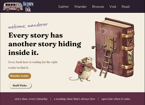 Acorn & Ink bookshop story guide with illustrated tea tin cover