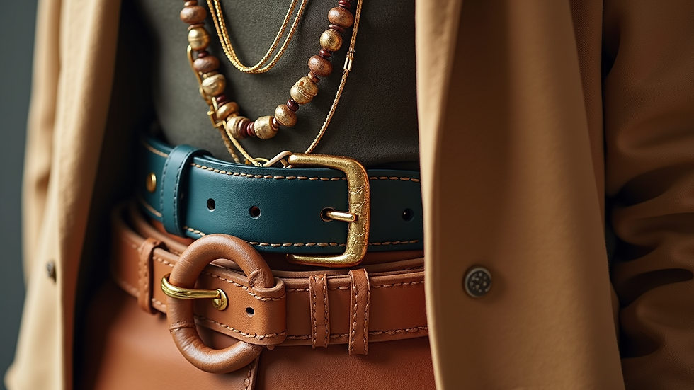 Close-up view of stylish accessories including belts and layered necklaces