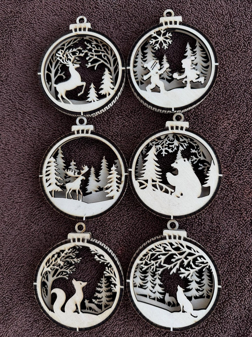 Six laser-cut wooden forest animal ornaments