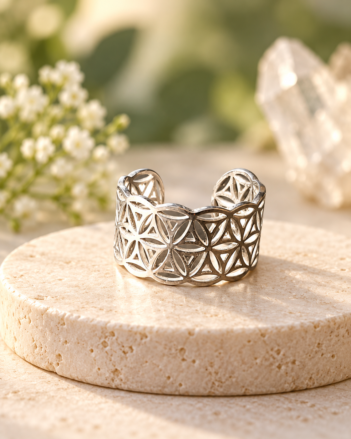 Bague ajustable Fleur de Vie en acier inoxydable