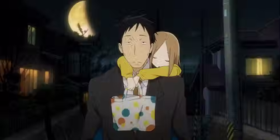 Beneath the half moon, Daikichi carries Rin home—tired, but choosing presence over convenience, step after steady step.