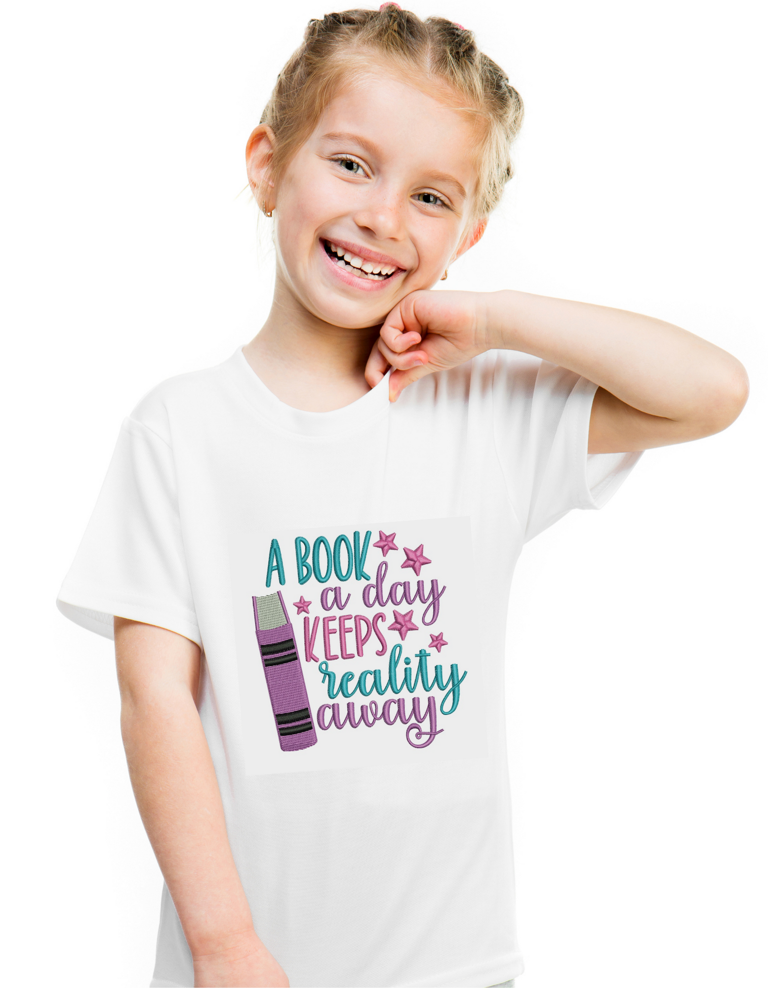 Girl's T-Shirt - A book a day - White embroidered T-shirt.