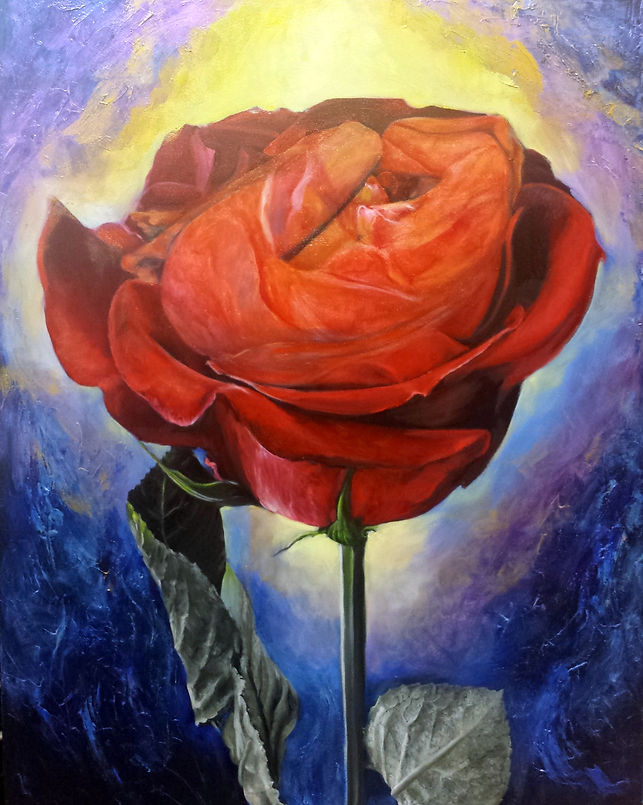 oil painting of hidden figure in a rose. Ana's Rose 30x40 